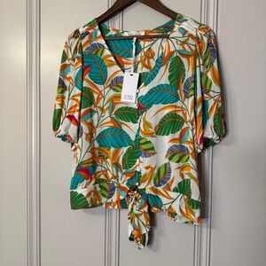 Rose Olive Top Womens Small Floral Flowy Rayon Tie‎ Front Button Blouse Shirt